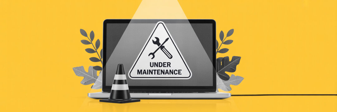 Laptop computer with under maintenance warning sign on screen, minimalist illustration on vibrant yellow background