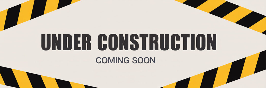 Minimalist website under construction page with bold text and warning stripes indicating a coming soon status.