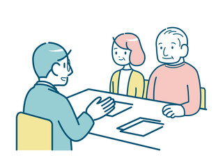 ビジネスマンに説明を受けるシニア夫婦のイラスト