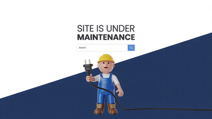Website Under Maintenance Page with a Cartoon Electrician Holding a Disconnected Plug and Search Bar