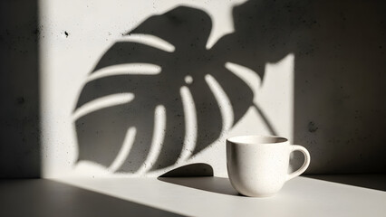 Monochrome image of speckled ceramic coffee mug on a white surface with large shadow of a tropical monstera leaf