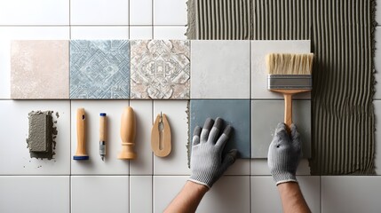 Skilled worker installs decorative and plain ceramic squares onto a prepared surface with various implements displayed