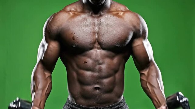 Muscular Black Man Bodybuilder Exercising With Dumbbells Isolated On Green Screen Background With Sweat Drops Reflecting Intense Workout Session And