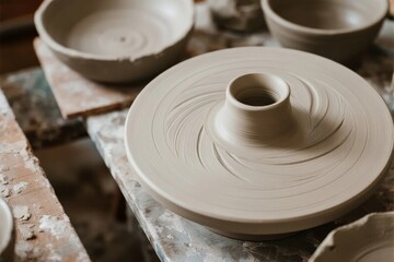 Unfired ceramic pottery pieces on a workbench, featuring a central spiral-shaped bowl with a hollow center and surrounding bowls in various stages of completion.