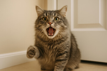 Surprised fluffy tabby cat with open mouth raising paw indoors near closed white door