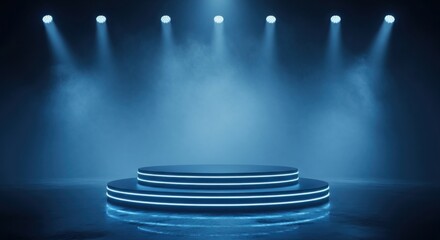 Futuristic Tiered Podium with Blue Neon Lights and Mist, Dynamic Sci-Fi Event Stage Display: Gaming Product Showcase, Technology Presentation, Abstract Vibrant Backdrop.