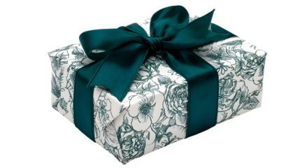 A beautifully wrapped gift box adorned with a delicate floral pattern and tied with a luxurious dark green ribbon and bow, isolated on a clean transparent background