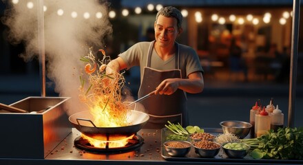 Chef tosses flaming noodles and ingredients high above a burner in an outdoor cooking setting