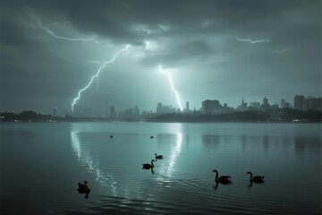 Swans on a lake during a thunderstorm with lightning illuminating a city skyline