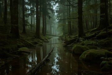 Obraz premium Misty forest stream with tall trees and moss-covered rocks reflecting in calm water