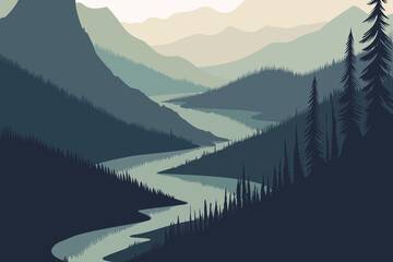 Misty mountain valley with winding river and dark pine forest, modern flat vector illustration of wild nature, hiking adventure, camping and serene wilderness landscape.​