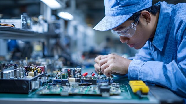 Skilled technician meticulously assembles electronic components on a circuit board in a manufacturing environment - Powered by Adobe