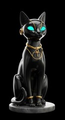 Stylized black feline deity sculpture featuring glowing eyes and golden adornments against a dark background