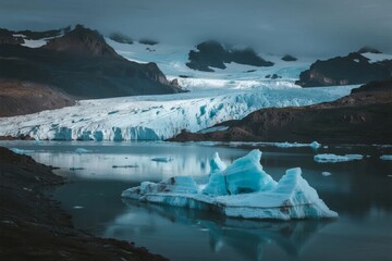 Glacial landscape with floating icebergs in a calm lake surrounded by snow-capped mountains under a cloudy sky