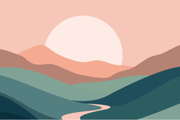 Abstract pastel hills landscape with winding river and giant rising sun, modern flat vector illustration in soft peach and teal tones symbolizing calm, freedom and dreamy travel.​ © Snezana