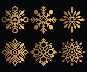 Set of Golden Snowflakes Illustrations Elegant Winter Decorations and Christmas Ornaments on Black Background for Festive Season Designs.