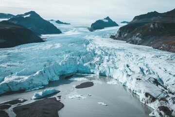 Aerial view of a vast glacier with melting ice and surrounding mountains in a polar region