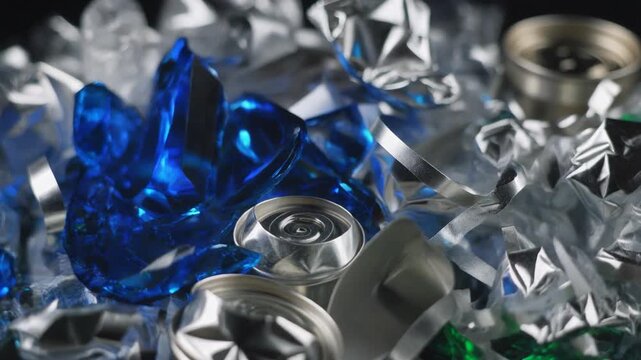 Recycled Metal Assemblage: A dynamic cluster of crushed aluminum cans and scrap metal components, presented with an emphasis on texture and form. The various elements, primarily metallic.