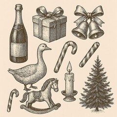 Set of festive winter holiday elements in hand-drawn sketch style, featuring a champagne bottle, gift box, bells, candy cane, goose, candle, Christmas tree, and rocking horse, for greeting card 