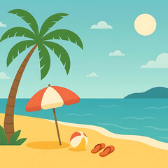 Landscape summer banner showing tropical beach scene with palm tree, ocean view, and vacation elements in minimal style Vector illustration.