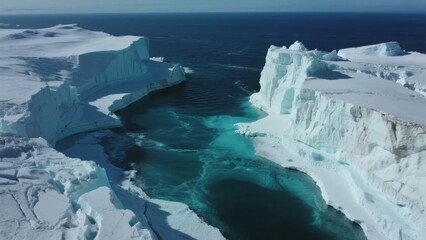 Aerial view of a glacial ice shelf with turquoise meltwater channels in a polar region