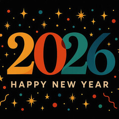 Horizontal banner Happy New year 2026, festive cover, greeting poster. Xmas New Year design template in trendy art style with a beautiful number 2026 design isolated on black background vector 