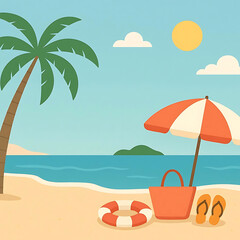  Landscape summer banner showing tropical beach scene with palm tree, ocean view, and vacation elements in minimal style Vector illustration.