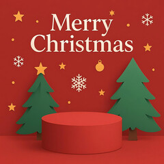 Merry Christmas banner with product display cylindrical shape and christmas tree paper cut style Vector illustration