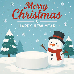 Merry christmas and happy new year greeting card with snow product display cylindrical shape copy-space and Cute snowman standing in winter christmas landscape snow falling  vector illustration