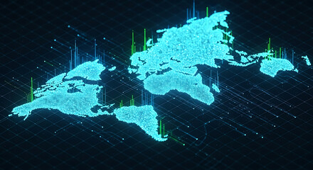 Abstract global digital world map on a tech grid with data connections and glowing particles, representing futuristic technology and network analytics.