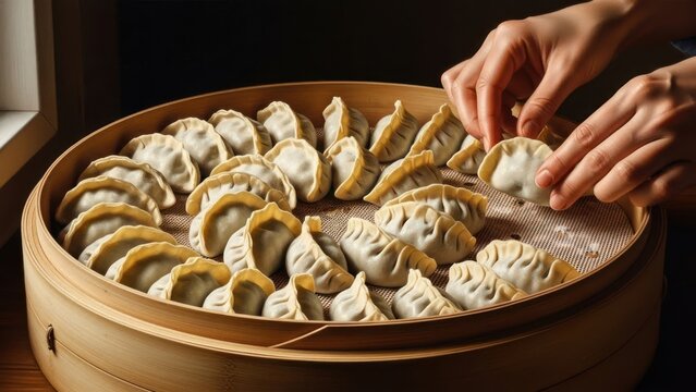 Close-up of hands carefully placing raw homemade dumplings into a traditional bamboo steamer basket.