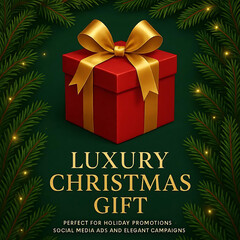Luxury Christmas gift banner featuring red box with shiny golden bow surrounded by fir garland on dark green background perfect for holiday promotions social media ads and elegant campaigns Vector 