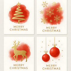 Set of modern Christmas card designs featuring an abstract tree, snowflakes, a reindeer, and festive baubles. Created with gold foil and red watercolor textures for contemporary holiday season Vector
