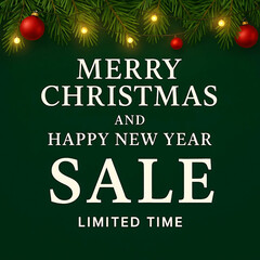 Merry Christmas and happy new year sale banner template with pine garland red baubles and festive lights on dark green background for holiday greeting card, social media, greetings, and promotion. 