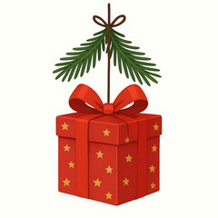 christmas gift box with ribbon and green pine hanging isolated on white Vector illustration