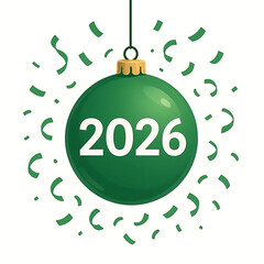 green christmas ball with number 2026 and green cofetti flying isolated on white Vector illustration