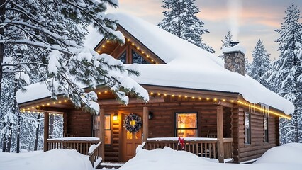 Cozy snow-covered cabin with Christmas lights and a welcoming wreath