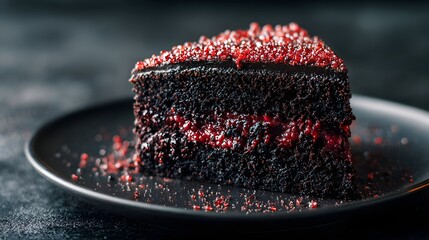 Rich dark chocolate layer dessert garnished with bright red topping rests on a matte plate