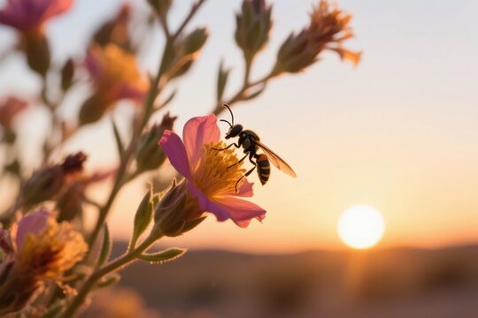 A bee pollinates a pink flower during sunset in a desert landscape - Powered by Adobe