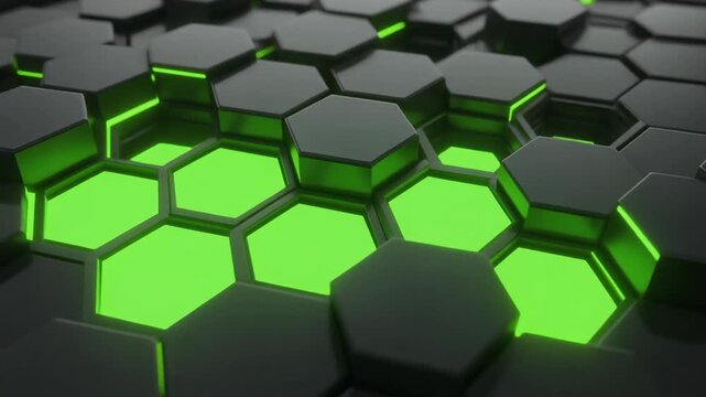 Hexagon Tech Abstraction: An abstract display of interconnected hexagon cells, emitting a vibrant neon green glow, symbolizing technological innovation and intricate network systems. 