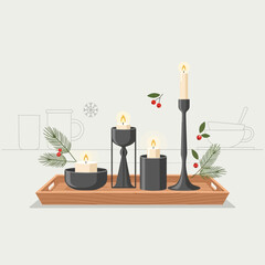 Minimalist Christmas Candle Display with Holly and Decorative Elements on Wooden Tray