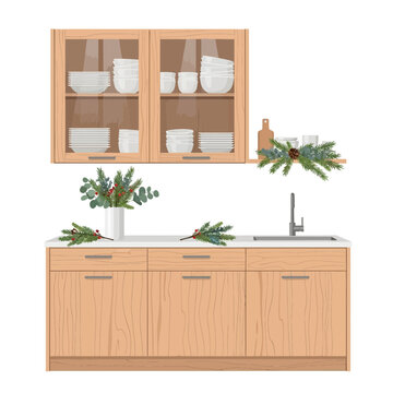Minimalist Kitchen Scene Featuring Open Wooden Cabinet with Dishware and Greenery Decor Elements