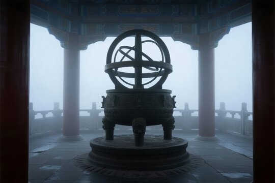Ancient astronomical instrument in a misty pavilion with traditional columns and ornate roof - Powered by Adobe