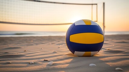 Volleyball on the beach at sunset with net and ocean in the background