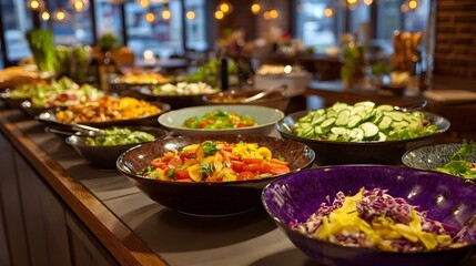 Numerous fresh and prepared dishes are attractively displayed on a long counter for self-service dining