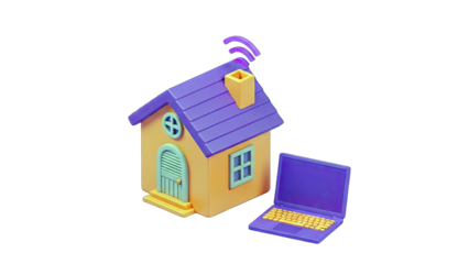 Cartoon House with Wifi Signal and Laptop - Smart Home Concept