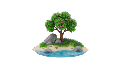 Cartoon Island Scene with Tree, Rocks, and Water