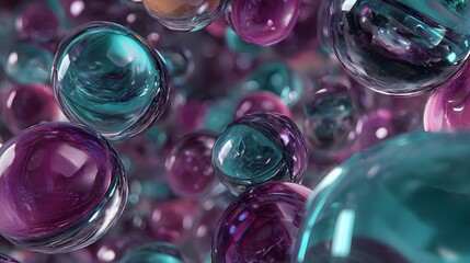Numerous translucent spheres featuring vibrant magenta and cyan colors float in a dense cluster