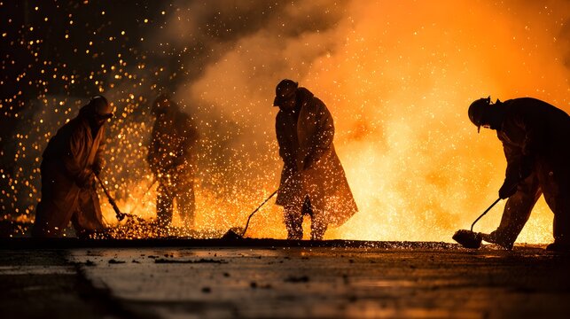 Silhouetted foundry workers manage intense molten material while sparks shower in the darkness - Powered by Adobe
