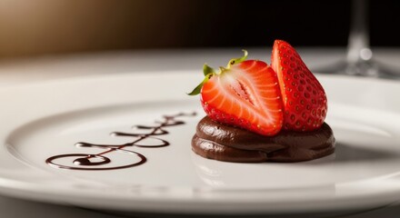 Gourmet chocolate dessert with fresh strawberries and chocolate swirl